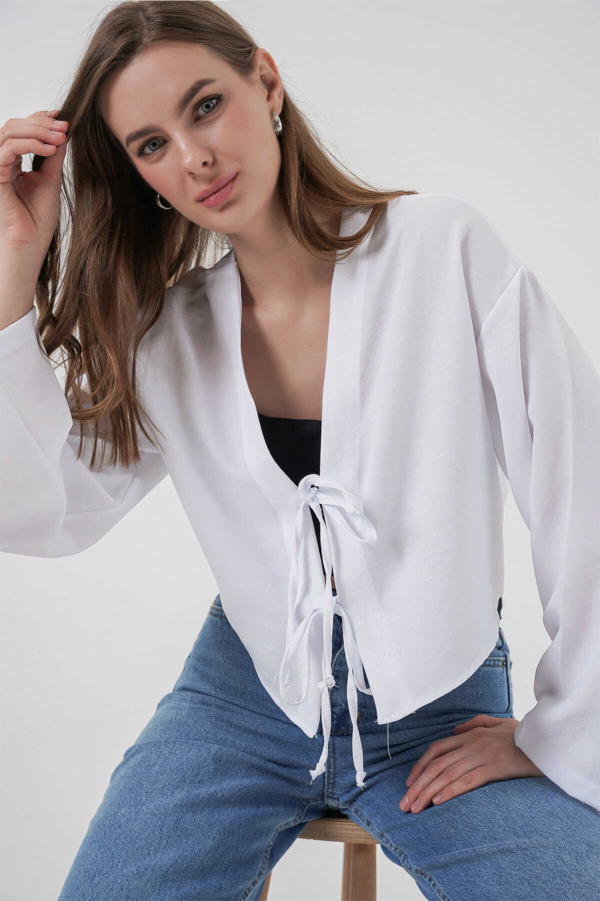 Önü Bağlamalı Keten Kimono 960 - Beyaz - 4