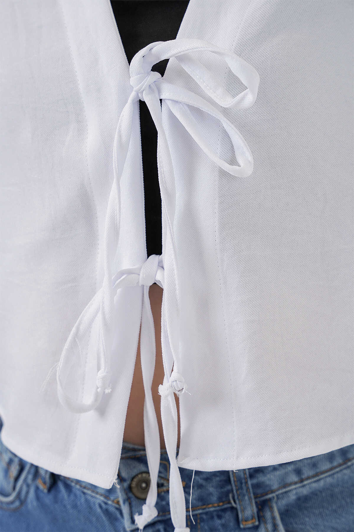 Önü Bağlamalı Keten Kimono 960 - Beyaz - 5