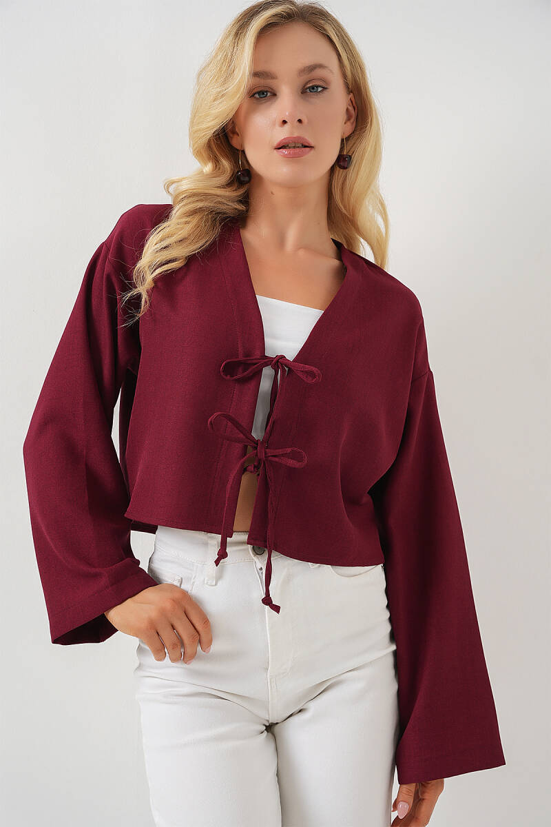Önü Bağlamalı Keten Kimono 960 - Bordo - BİGDART