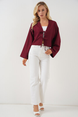 Önü Bağlamalı Keten Kimono 960 - Bordo - 2