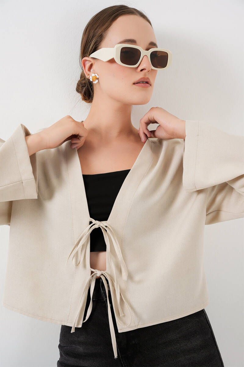 Önü Bağlamalı Keten Kimono 960 - Ekru - BİGDART