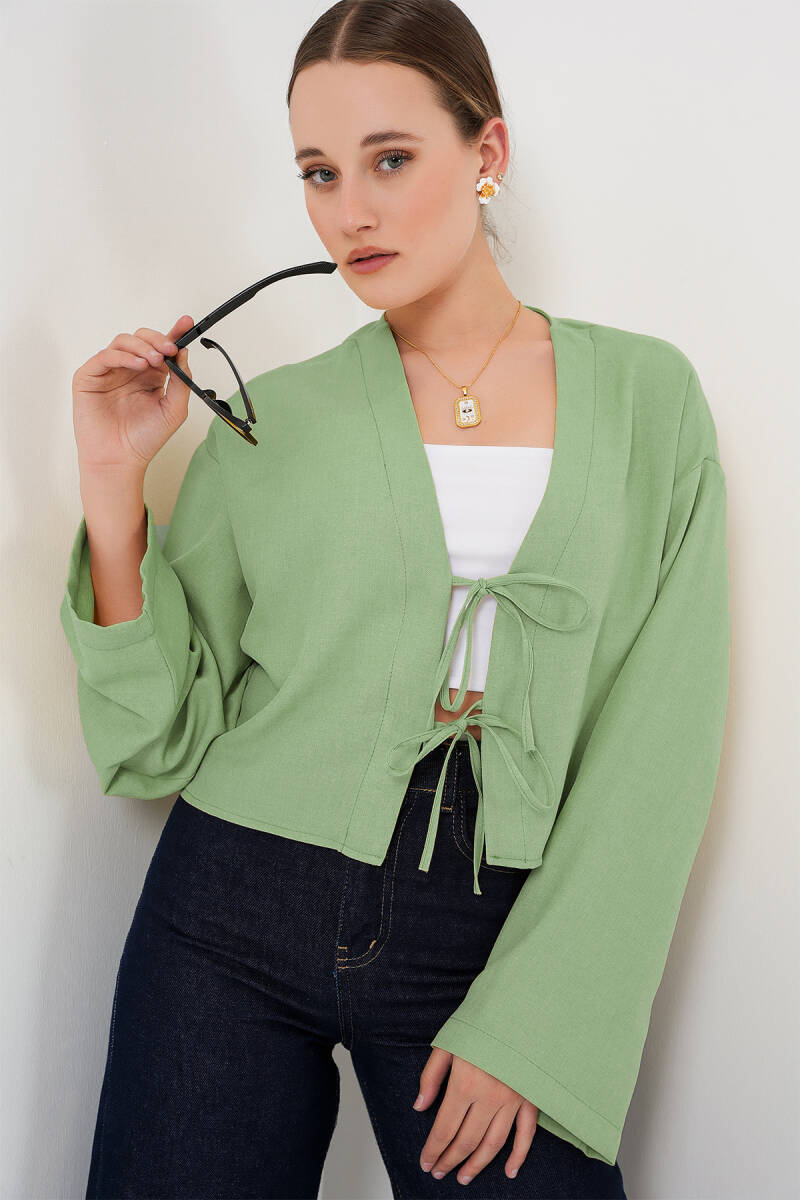 Önü Bağlamalı Keten Kimono 960 - E.Yeşil - BİGDART