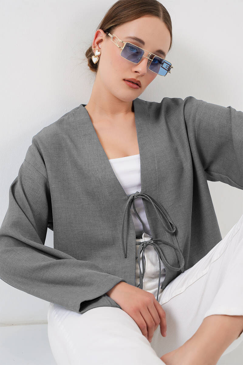 Önü Bağlamalı Keten Kimono 960 - Gri - BİGDART