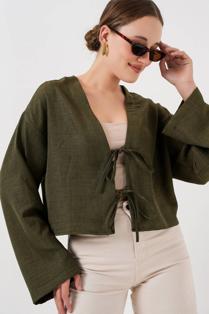 Önü Bağlamalı Keten Kimono 960 - Haki - BİGDART