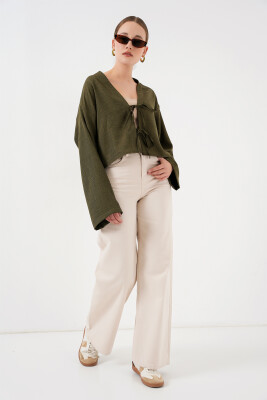 Önü Bağlamalı Keten Kimono 960 - Haki - 2
