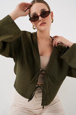 Önü Bağlamalı Keten Kimono 960 - Haki - 3