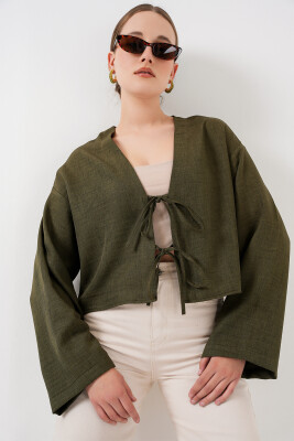 Önü Bağlamalı Keten Kimono 960 - Haki - 4