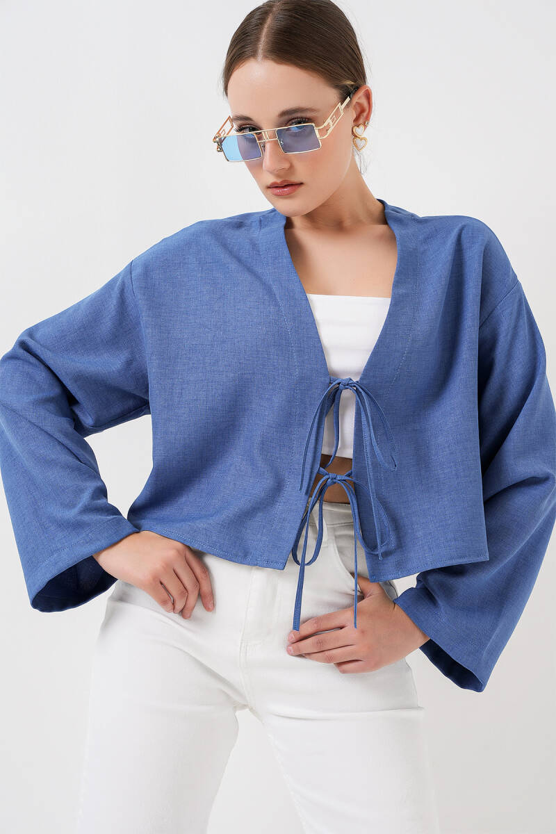 Önü Bağlamalı Keten Kimono 960 - İndigo - BİGDART