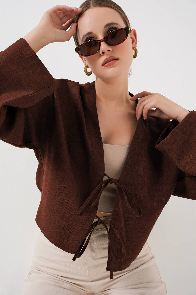 Önü Bağlamalı Keten Kimono 960 - Kahverengi - BİGDART
