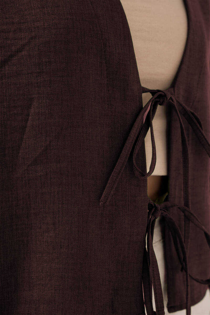 Önü Bağlamalı Keten Kimono 960 - Kahverengi (1)