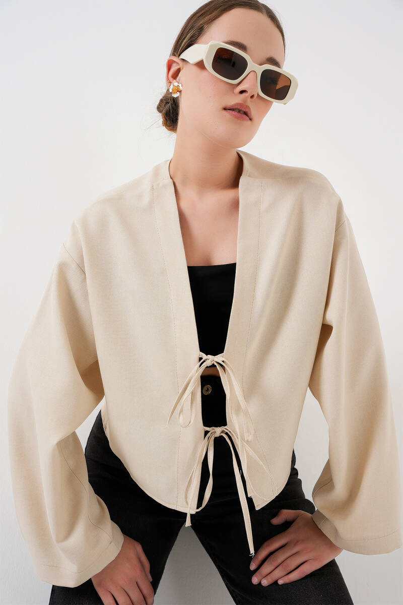 Önü Bağlamalı Keten Kimono 960 - Krem - BİGDART