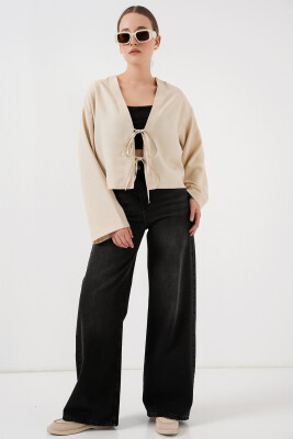 Önü Bağlamalı Keten Kimono 960 - Krem - 2