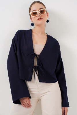 Önü Bağlamalı Keten Kimono 960 - Lacivert 
