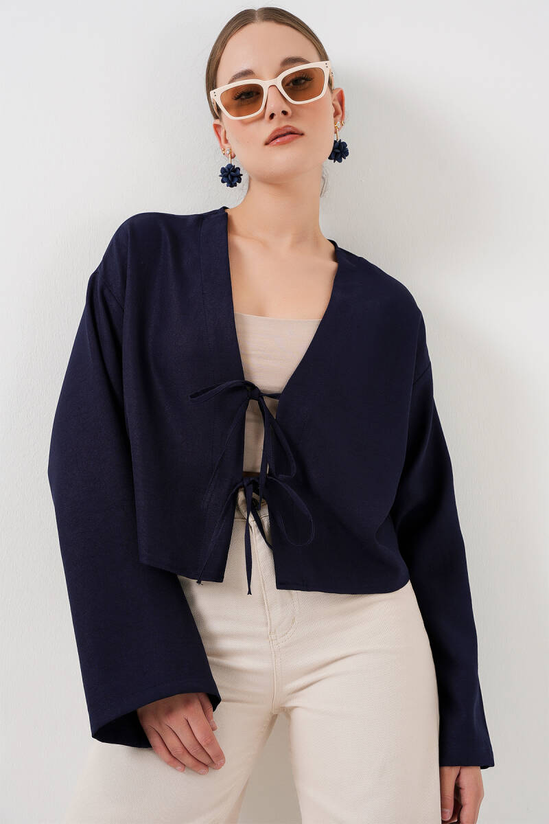 Önü Bağlamalı Keten Kimono 960 - Lacivert - BİGDART