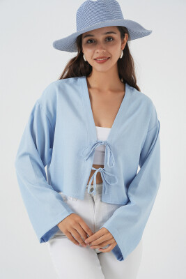 Önü Bağlamalı Keten Kimono 960 - Mavi 