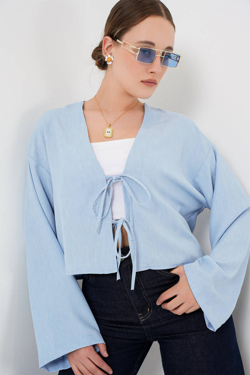 Önü Bağlamalı Keten Kimono 960 - Mavi - BİGDART