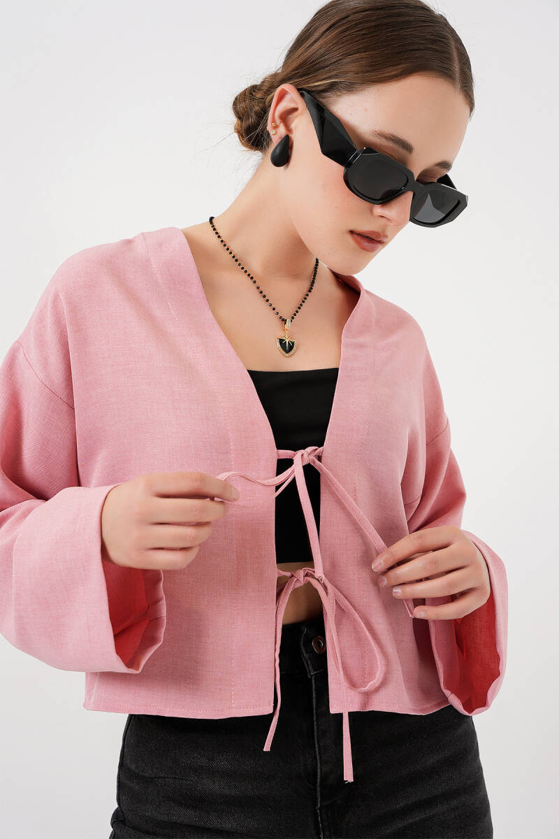 Önü Bağlamalı Keten Kimono 960 - Pudra - BİGDART