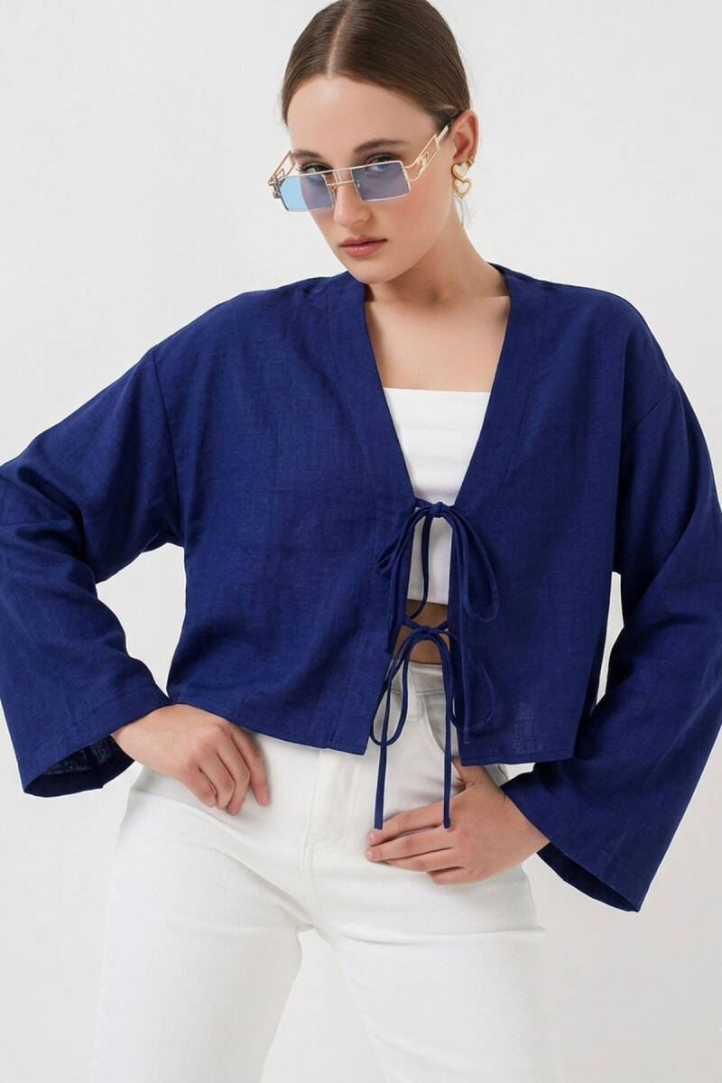 Önü Bağlamalı Keten Kimono 960 - Saks - BİGDART