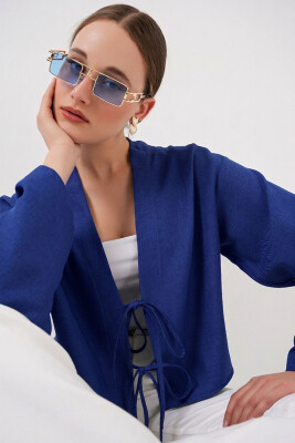 Önü Bağlamalı Keten Kimono 960 - Saks - 2