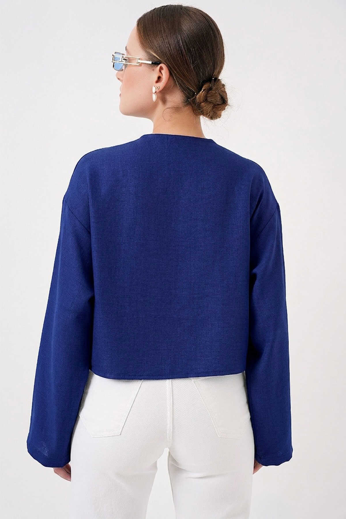 Önü Bağlamalı Keten Kimono 960 - Saks - 3