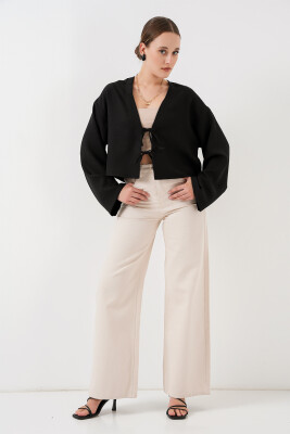 Önü Bağlamalı Keten Kimono 960 - Siyah - 2