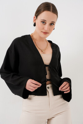 Önü Bağlamalı Keten Kimono 960 - Siyah - 3