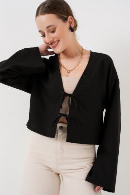 Önü Bağlamalı Keten Kimono 960 - Siyah - 4