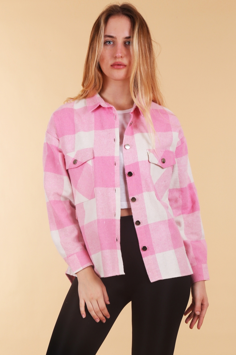 3853 Pembe Ekose Desen Çift Cepli Gömlek - BİGDART