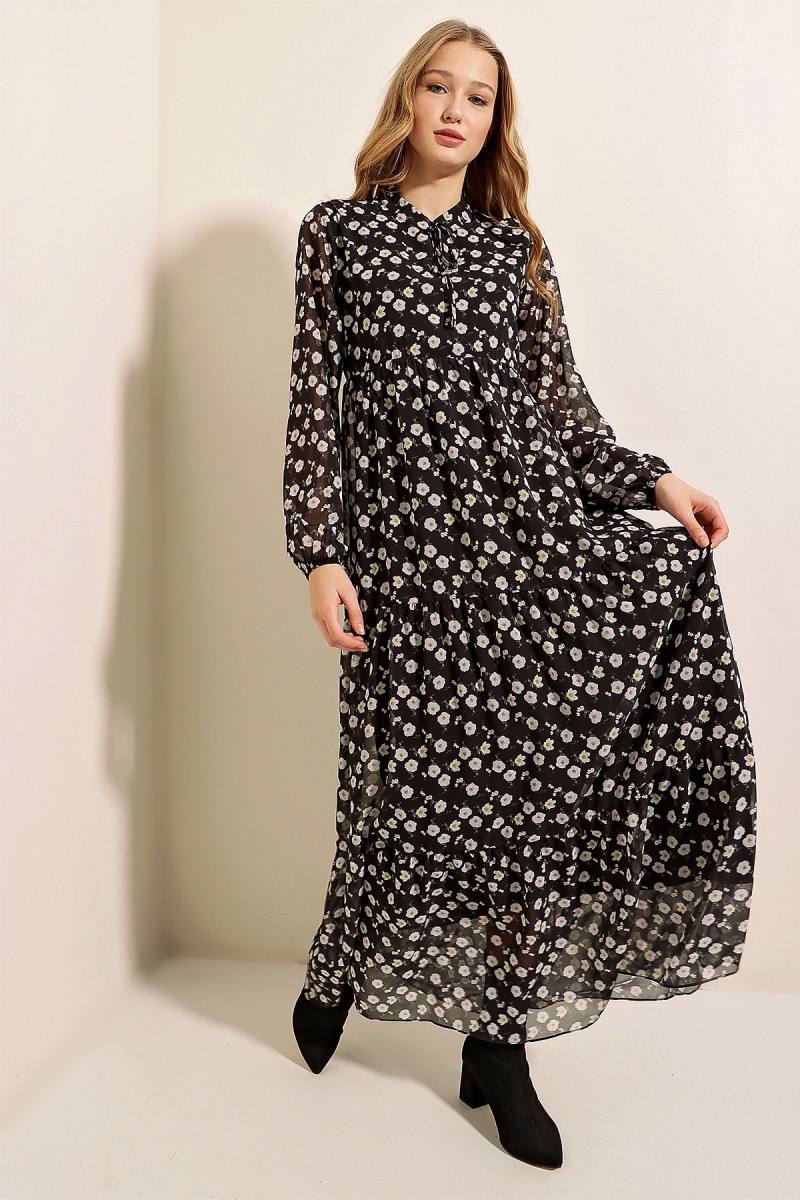 2135 Astarlı Şifon Elbise - Siyah - BİGDART