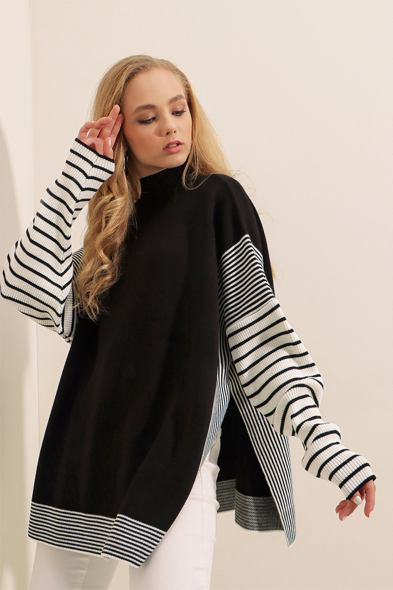 15784 Balıkçı Yaka Panço Kazak - Siyah - BİGDART