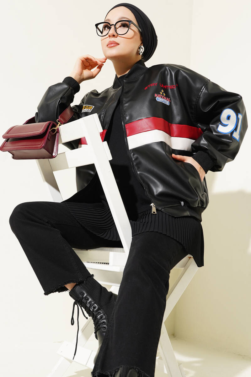 T0698 Baskılı Suni Deri Bomber Ceket - Siyah - BİGDART