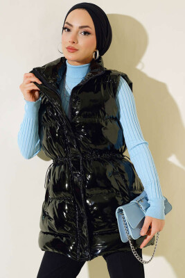 T10233 Kapüşonlu Uzun Tesettür Yelek - Siyah 