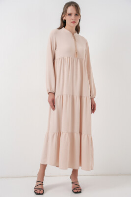 T1627 Yaka Bağcıklı Elbise - C. Bej - BİGDART