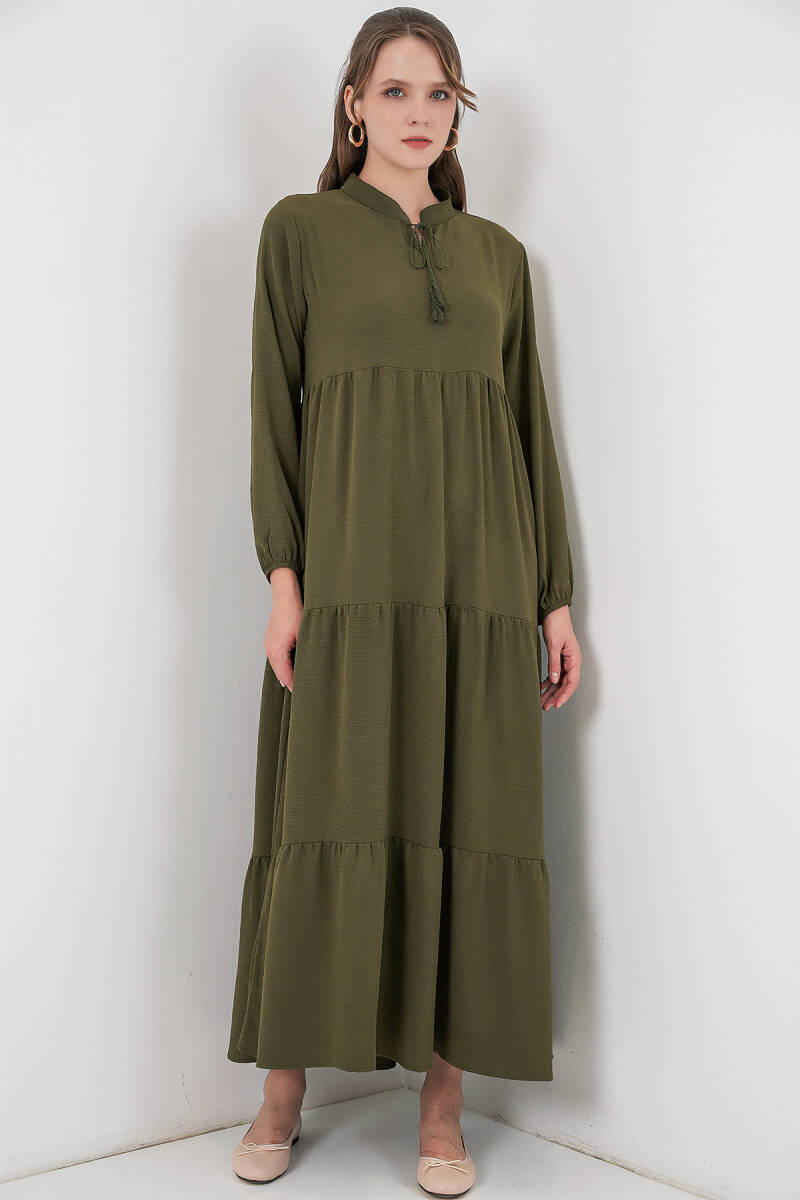 T1627 Yaka Bağcıklı Elbise - D.Haki - BİGDART