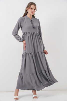T1627 Yaka Bağcıklı Elbise - Gri - BİGDART
