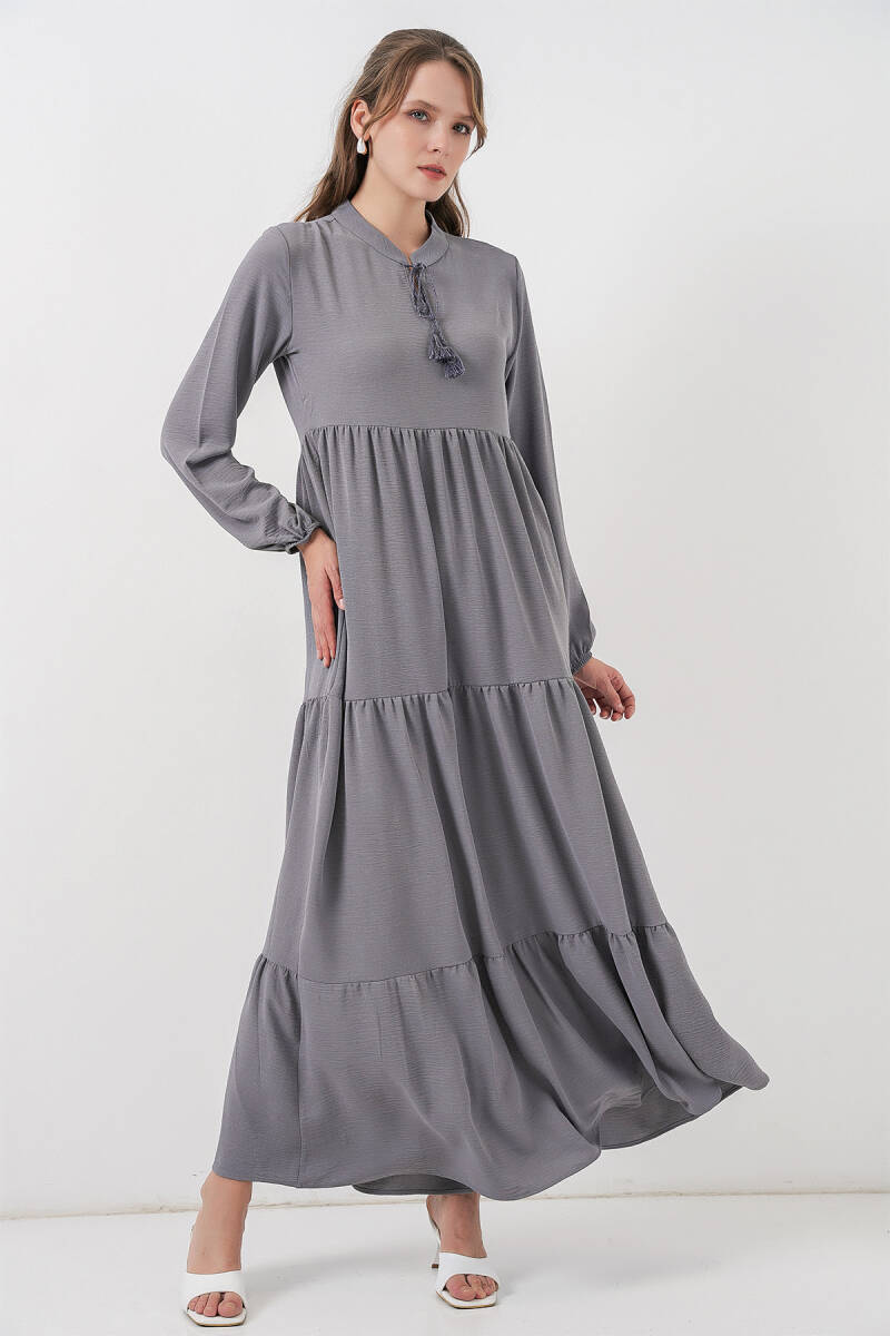 T1627 Yaka Bağcıklı Elbise - Gri - BİGDART