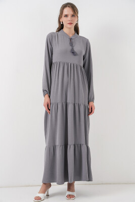 T1627 Yaka Bağcıklı Elbise - Gri - 3