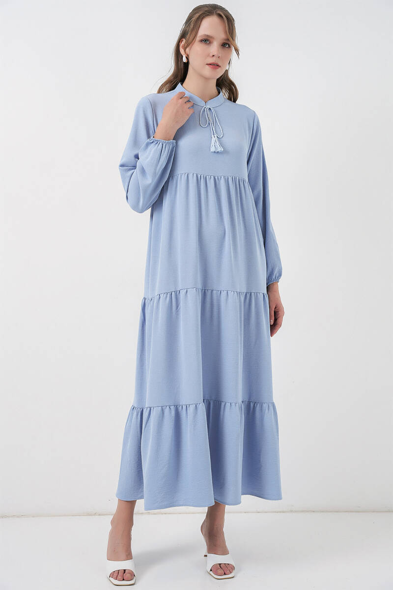 T1627 Yaka Bağcıklı Elbise - Koyu Mavi - BİGDART