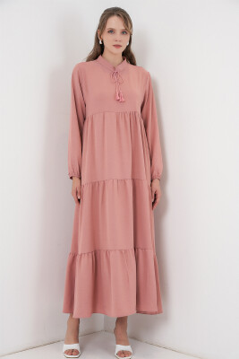 T1627 Yaka Bağcıklı Elbise - Pudra - 4