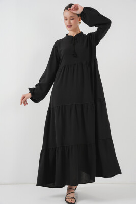 T1627 Yaka Bağcıklı Elbise - Siyah 