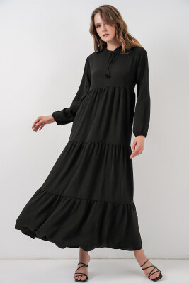 T1627 Yaka Bağcıklı Elbise - Siyah 
