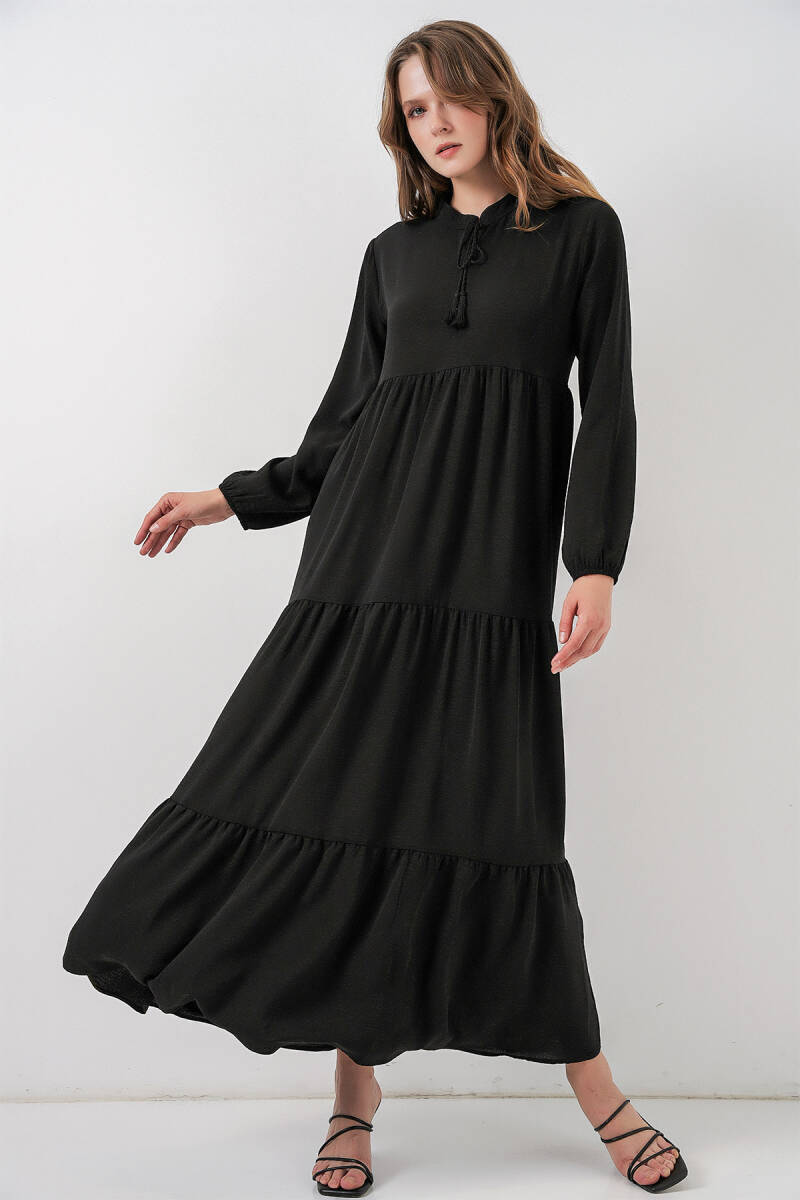 T1627 Yaka Bağcıklı Elbise - Siyah - BİGDART