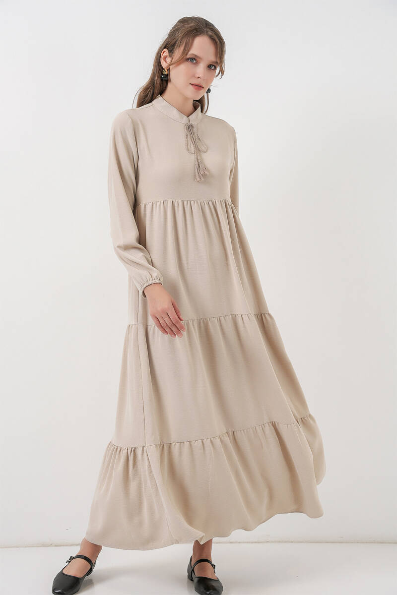 T1627 Yaka Bağcıklı Elbise - Taş - BİGDART