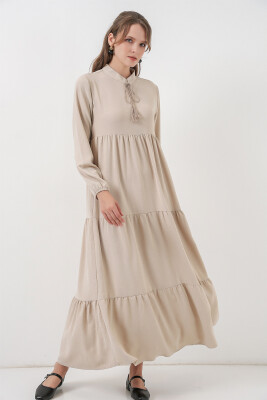 T1627 Yaka Bağcıklı Elbise - Taş - BİGDART