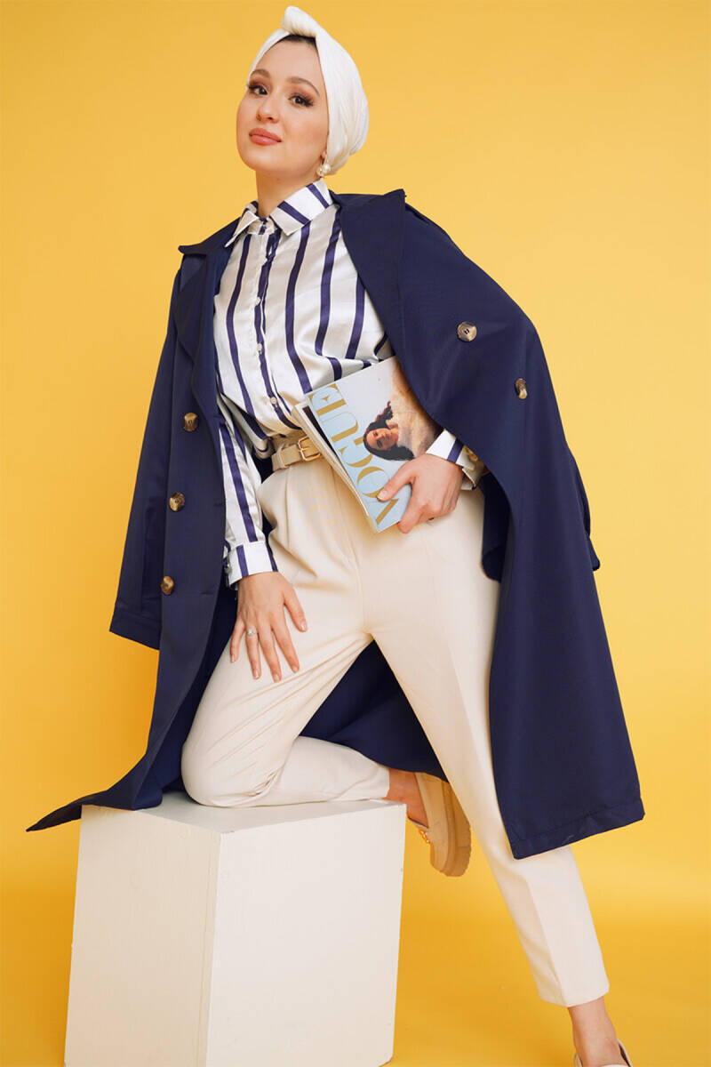 T5853 Kruvaze Yaka Tesettür Trençkot - Lacivert - BİGDART