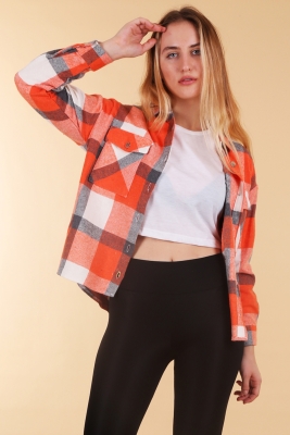 3853 Turuncu Ekose Desen Çift Cepli Gömlek - BİGDART