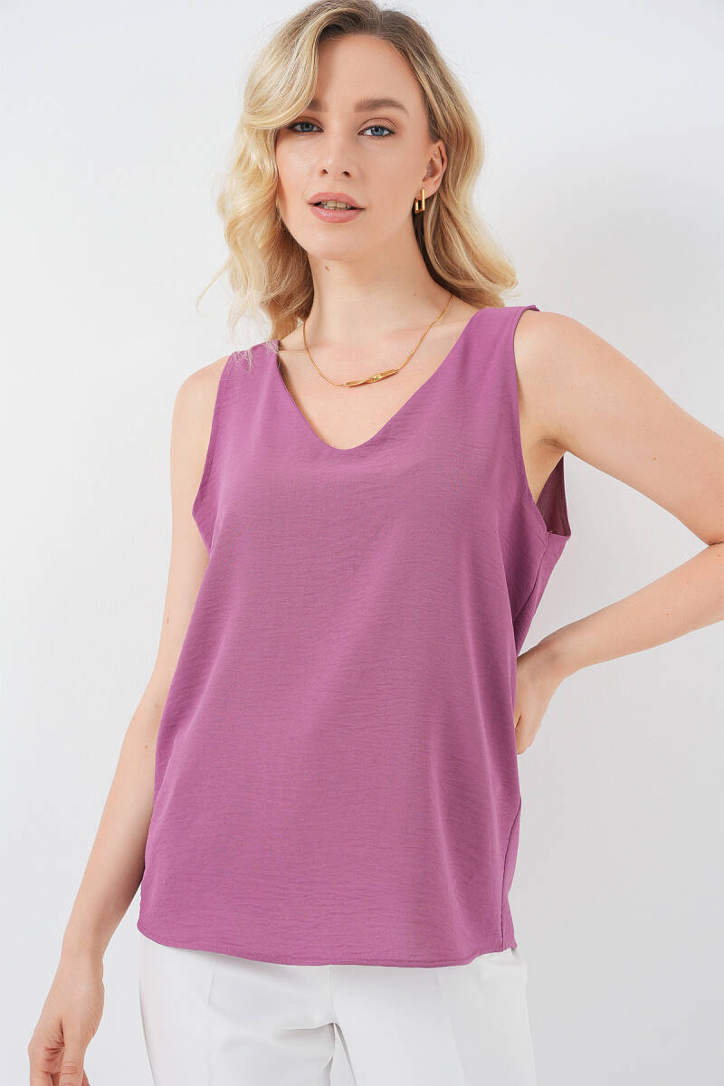 V Yaka Sıfır Kol Bluz 950 - Koyu Lila - BİGDART